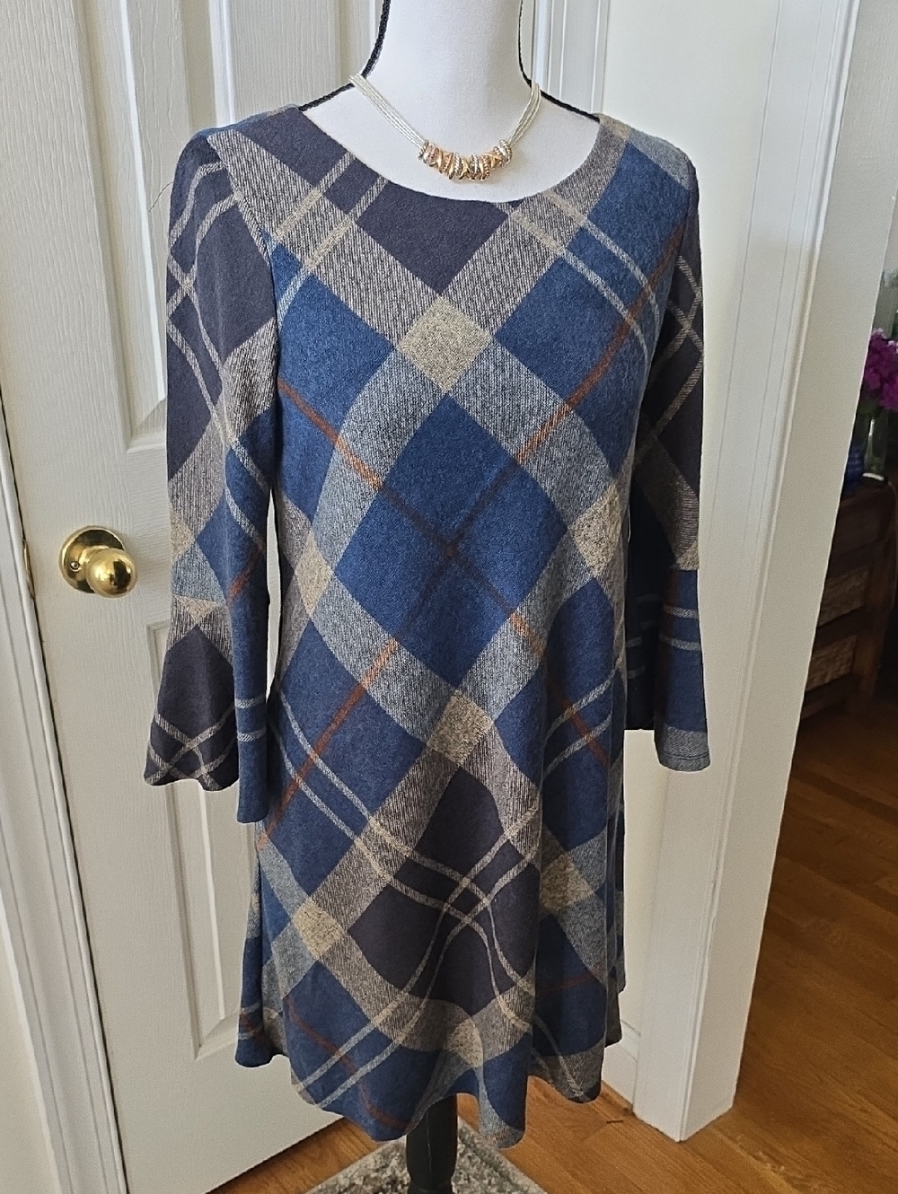 JH BRAND WOMEN'S BLUE PLAID LONG SLEEVES DRESS SIZE SMALL